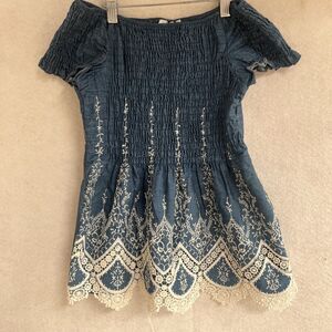 Mastro Positano Blouse Womens XS Costal Cottage Bohemian Blue lace boho hoppie